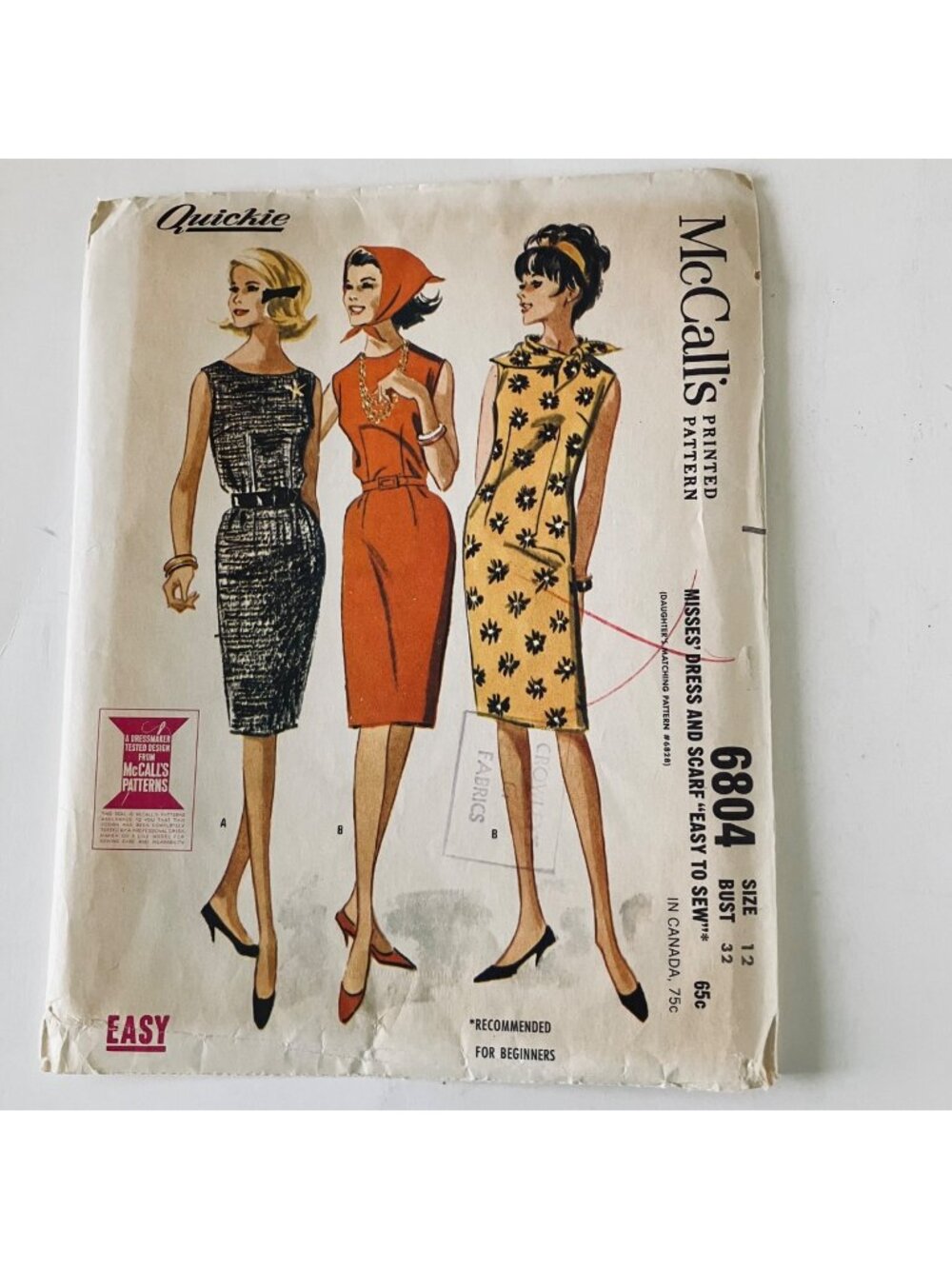 1960s McCalls 6804 B32 Sheath Dress and Scarf Original Vintage Sewing Pattern CC